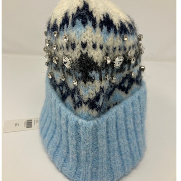 Anthropologie Accessories - NWT Anthropologie Fair Isle Beanie Hat Blue White Black Rhinestone Embellished